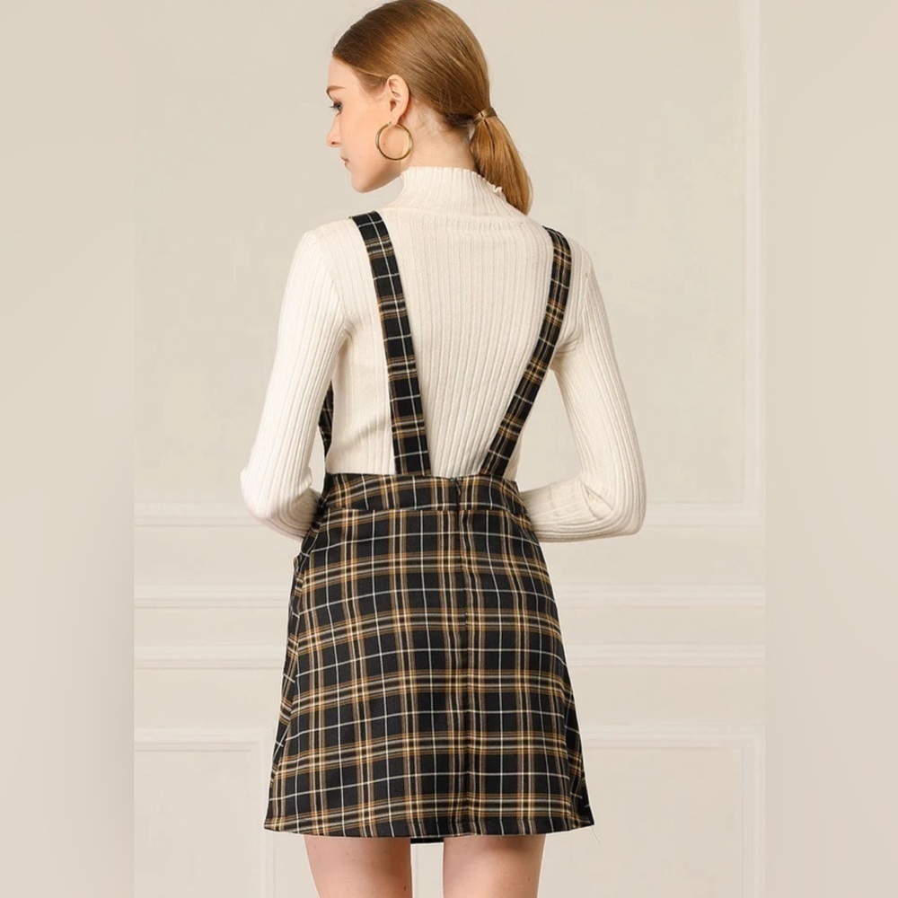 Allegra K Above Knee Plaid Printed Overall Suspender Skirt - Picture 5 of 6